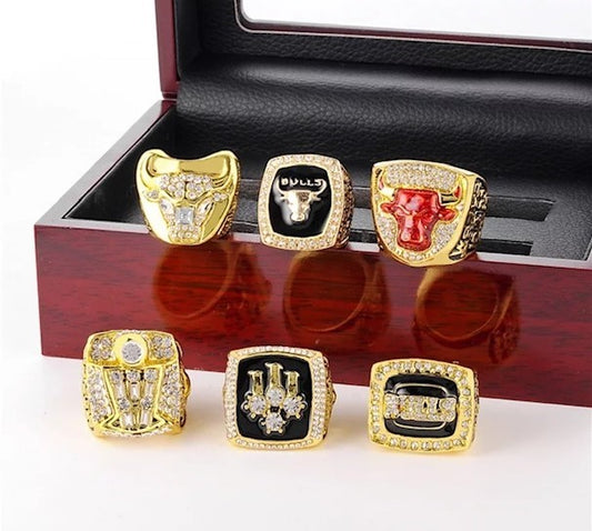 Chicago Bulls Basketball Champions rings collection (6 Rings + Display glass box)